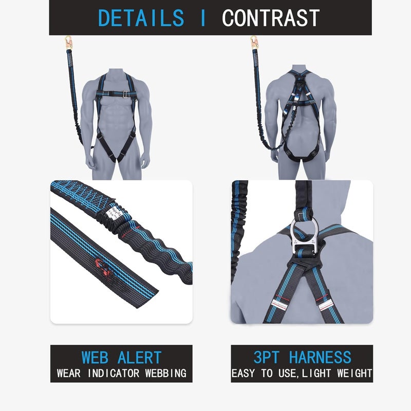 FHFallArrest Safety Harness Fall Protection Kit - 3 Pt Full Body Safety Harness with 6 FT Internal Shock Absorbing Lanyard & Snap Hook, for Roofing Construction & Scaffolding Use, ANSI OSHA Compliant - Image 5